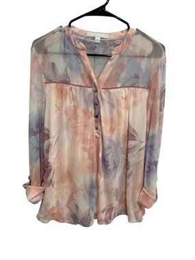 Juniper + Lime Large Sheer Floral Button-Down Roll Tab Blouse Pink Purple Modern